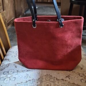 Red Suede Tote Bag with Black Handles
